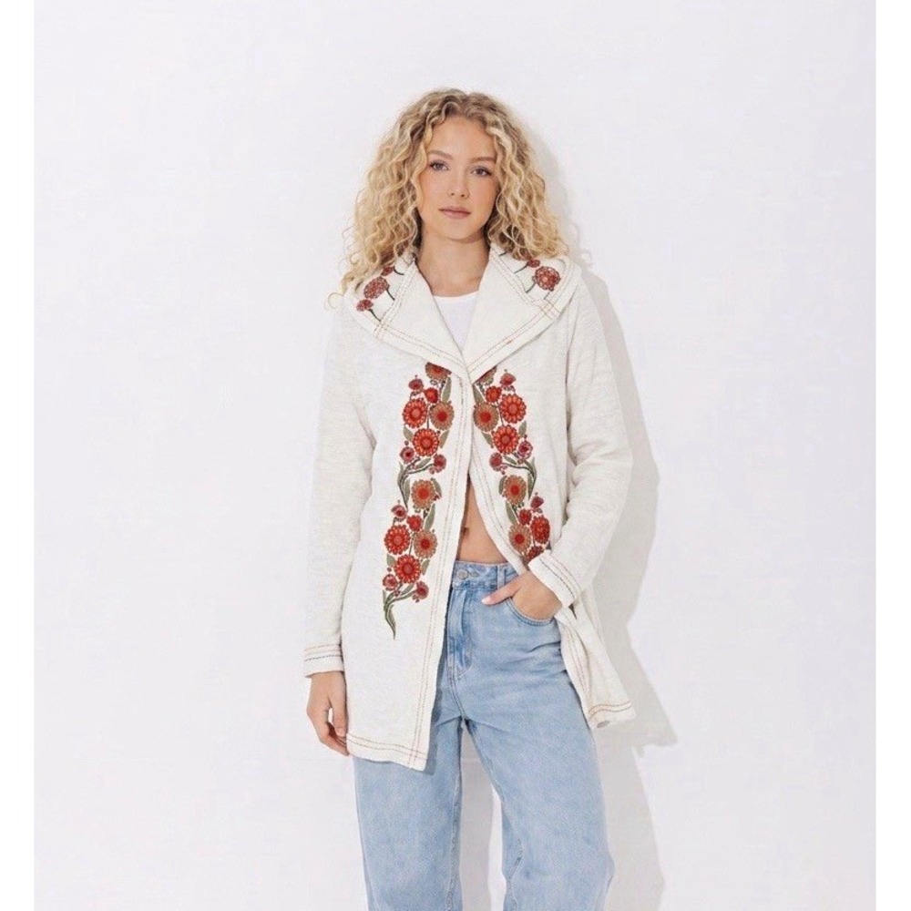 Paparazzi Women S Ivory Floral Embroidered Hooded Cardigan Boho Duster